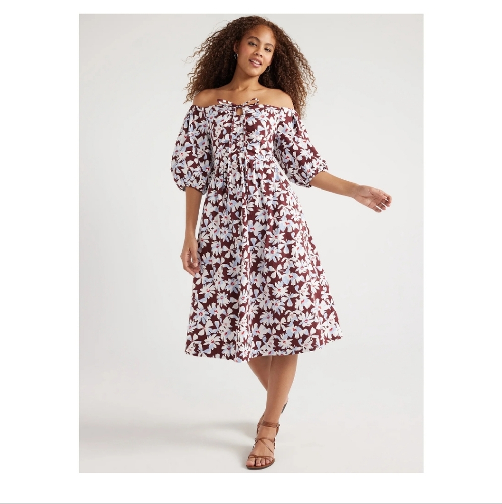 Free Assembly Women's Ruched Halter Dress with Puff Sleeves, Sizes М
